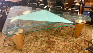 1980's Custom Los Angeles Walnut, Steel and Glass Triangular Dining Table