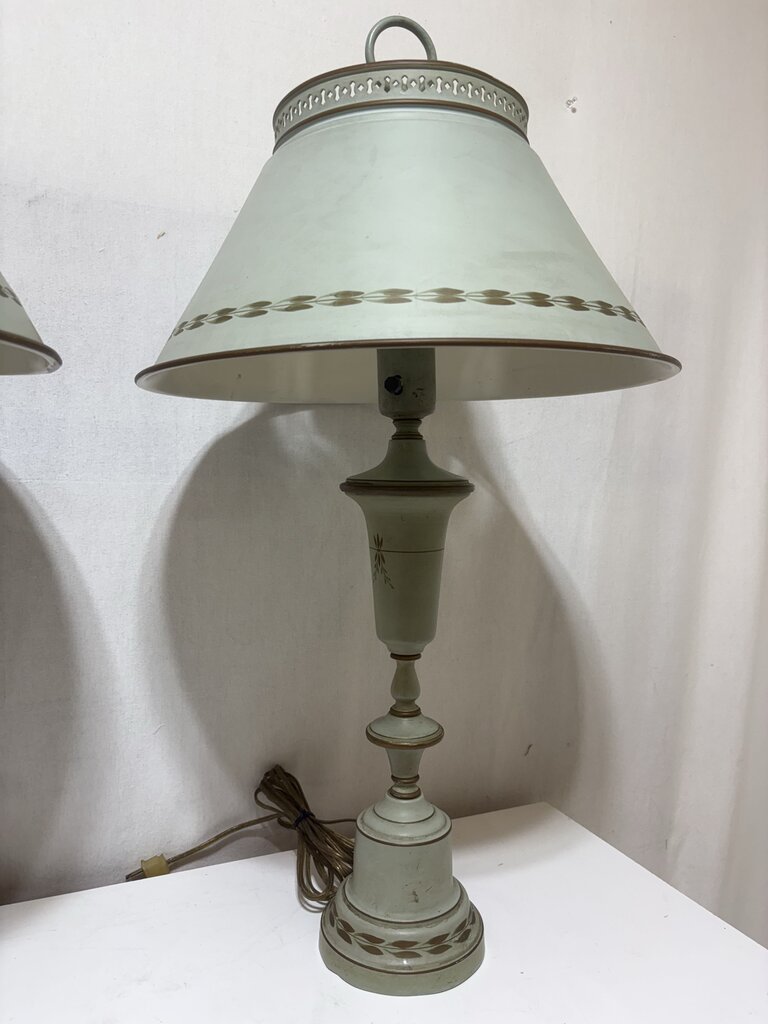 Vintage French Style Pale Green Tole Metal Table Lamps w/ Milk Glass Diffusers (3pcs) (PAIR)