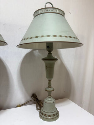 Vintage French Style Pale Green Tole Metal Table Lamps w/ Milk Glass Diffusers (3pcs) (PAIR)