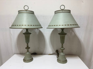 Vintage French Style Pale Green Tole Metal Table Lamps w/ Milk Glass Diffusers (3pcs) (PAIR)