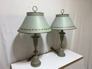 Vintage French Style Pale Green Tole Metal Table Lamps w/ Milk Glass Diffusers (3pcs) (PAIR)