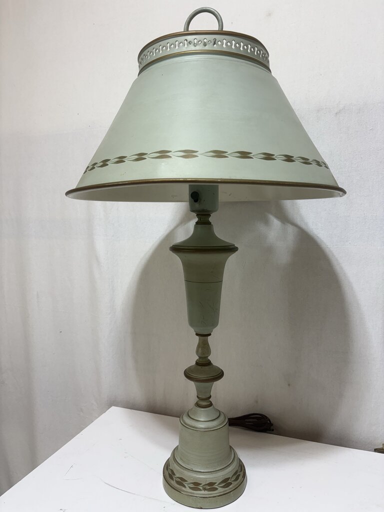 Vintage French Style Pale Green Tole Metal Table Lamps w/ Milk Glass Diffusers (3pcs) (PAIR)