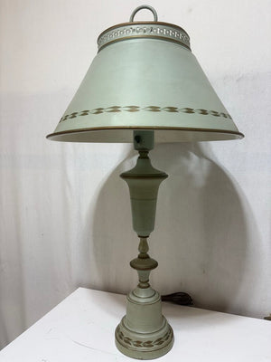 Vintage French Style Pale Green Tole Metal Table Lamps w/ Milk Glass Diffusers (3pcs) (PAIR)