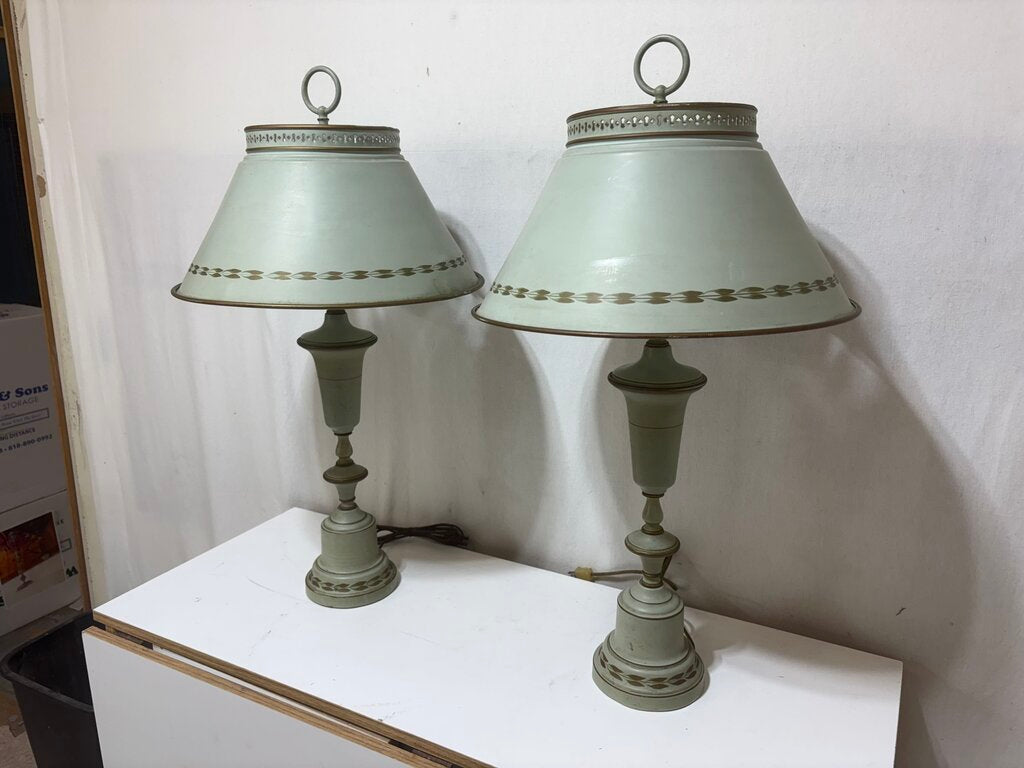 Vintage French Style Pale Green Tole Metal Table Lamps w/ Milk Glass Diffusers (3pcs) (PAIR)