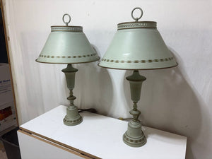 Vintage French Style Pale Green Tole Metal Table Lamps w/ Milk Glass Diffusers (3pcs) (PAIR)