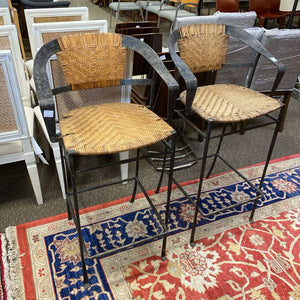 Wrought Iron & Rawhide Barstools (Pair)