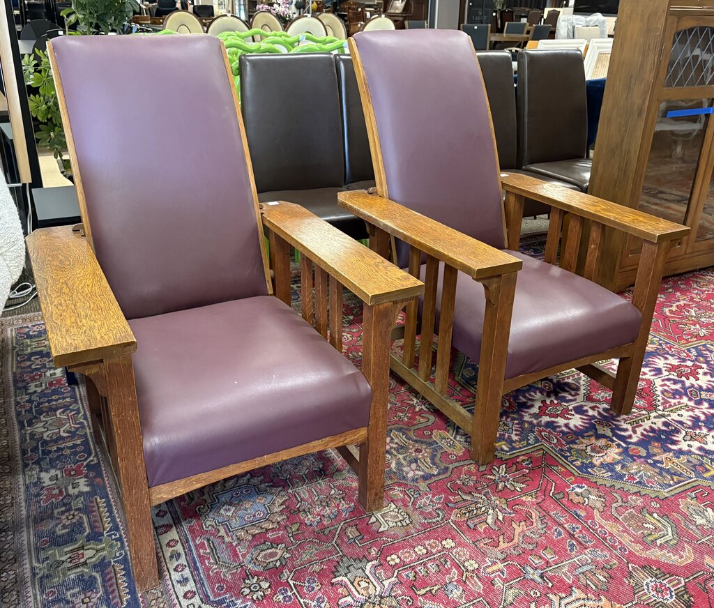 Arts & Crafts Tiger Oak Wine Leather Morris Chair