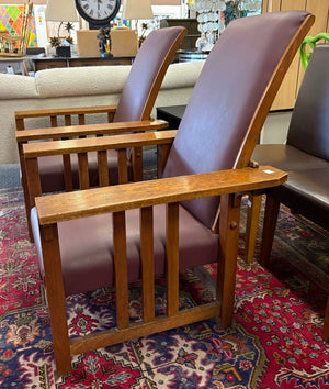 Arts & Crafts Tiger Oak Wine Leather Morris Chair