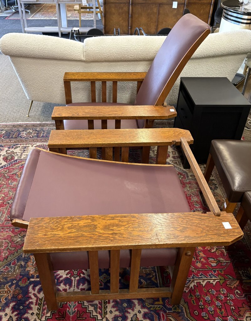 Arts & Crafts Tiger Oak Wine Leather Morris Chair