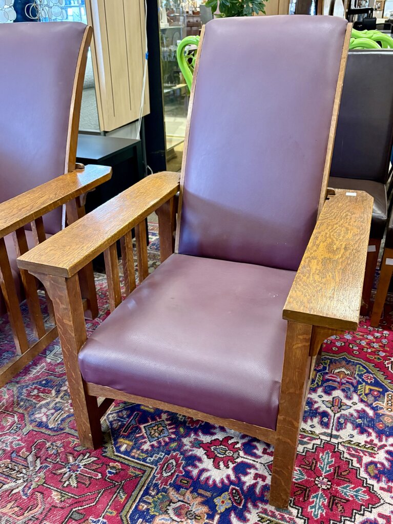 Arts & Crafts Tiger Oak Wine Leather Morris Chair