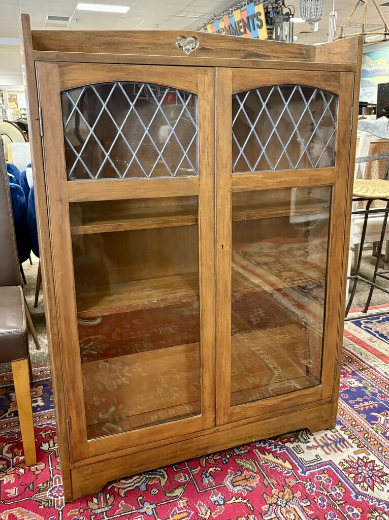 Arts & Crafts Walnut Finish Maple Lead Glass Door Cabinet