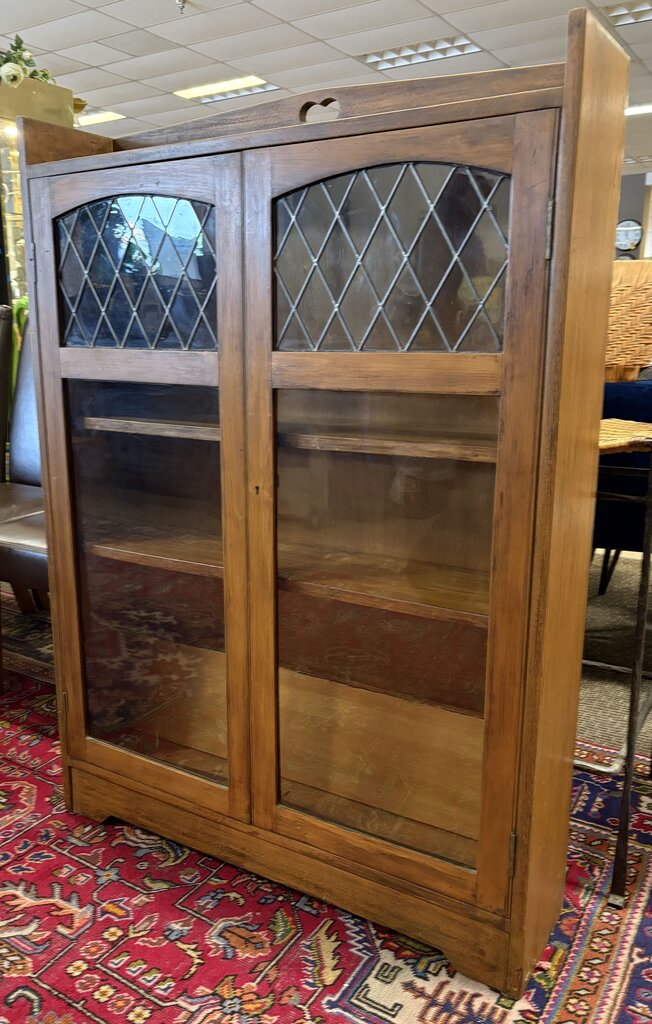 Arts & Crafts Walnut Finish Maple Lead Glass Door Cabinet