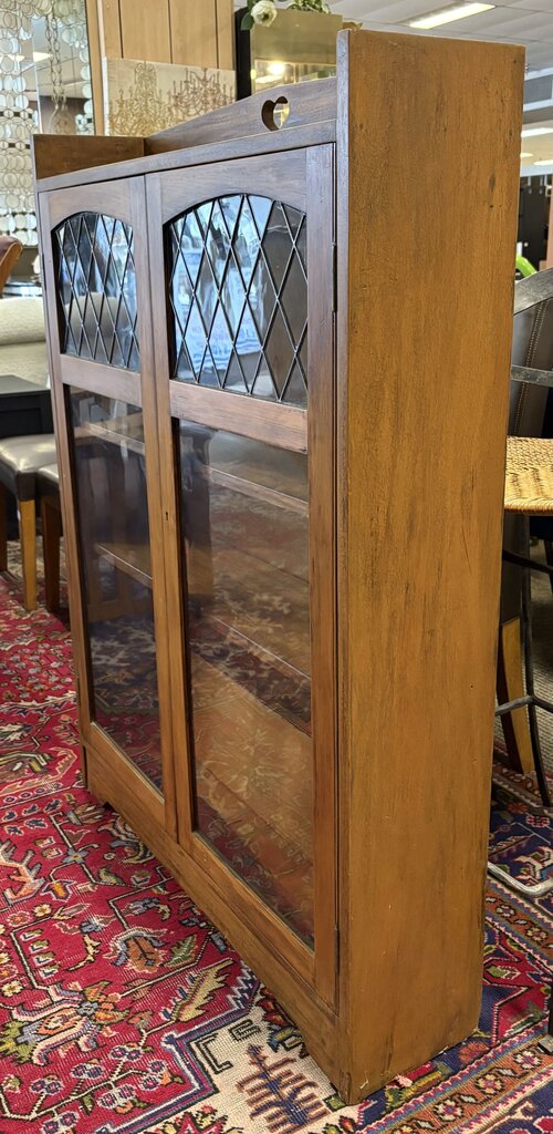 Arts & Crafts Walnut Finish Maple Lead Glass Door Cabinet