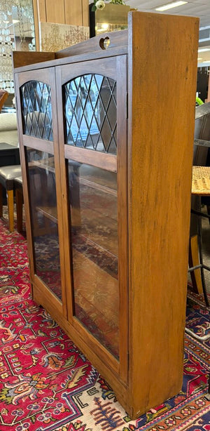 Arts & Crafts Walnut Finish Maple Lead Glass Door Cabinet