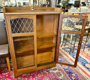 Arts & Crafts Walnut Finish Maple Lead Glass Door Cabinet