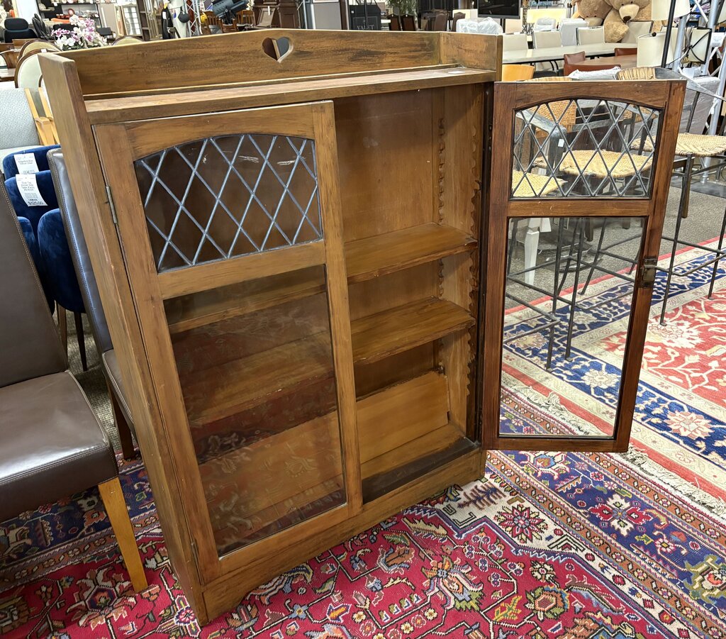 Arts & Crafts Walnut Finish Maple Lead Glass Door Cabinet
