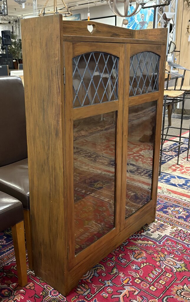 Arts & Crafts Walnut Finish Maple Lead Glass Door Cabinet