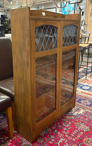 Arts & Crafts Walnut Finish Maple Lead Glass Door Cabinet