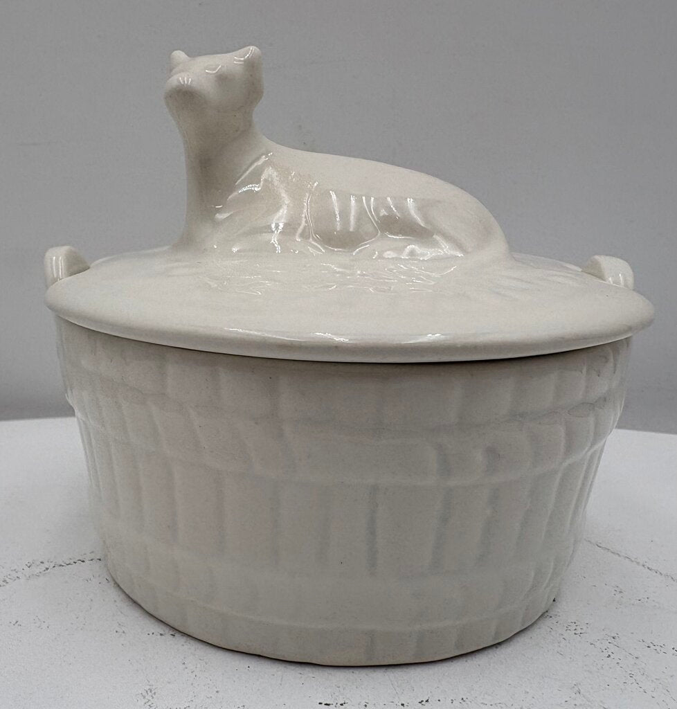 Ceramic White Lidded Cow Motif Butter Crock (2Pcs)