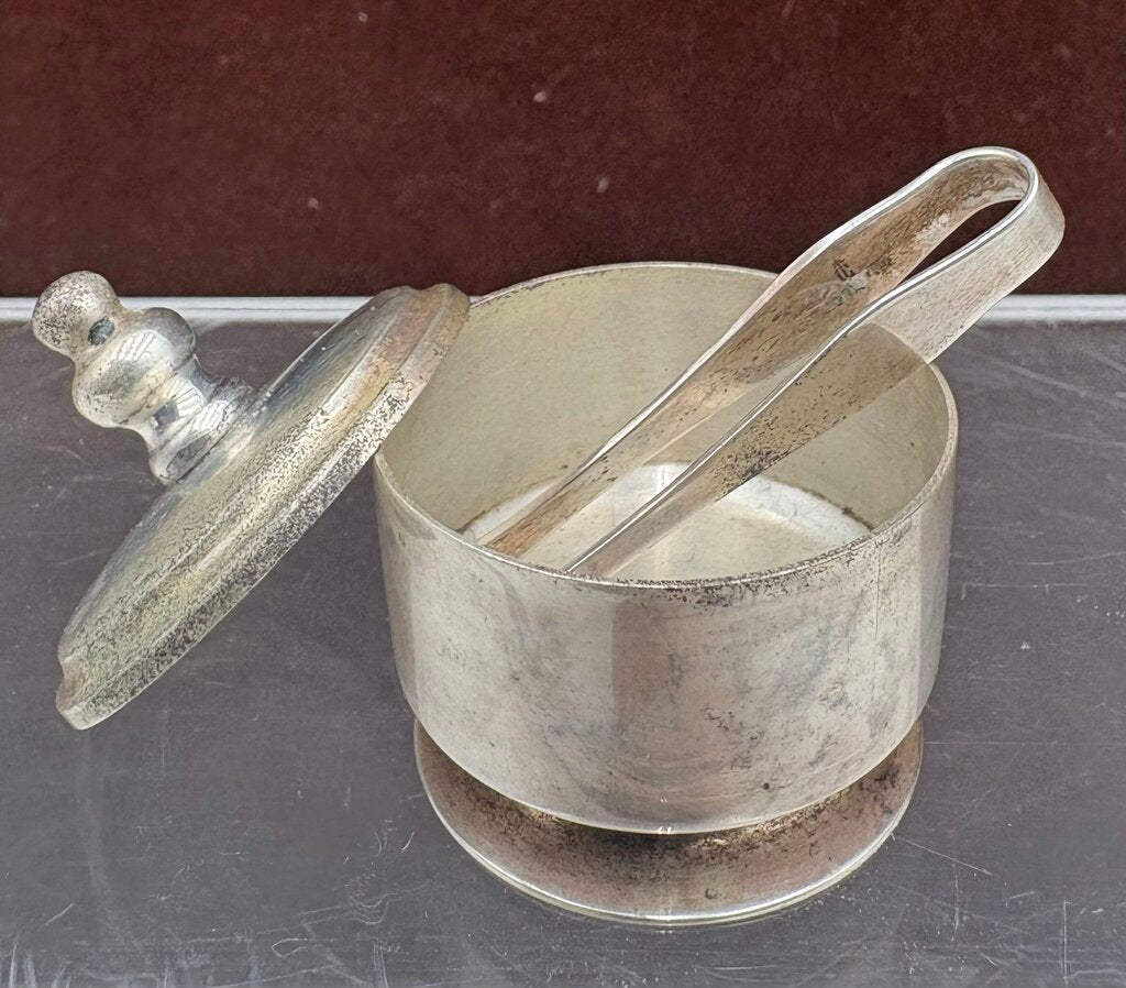 Early 20th C. Thomas Co. Ma.Sterling Silver Lidded Pill Snuff Box w/ Tongs (3Pcs)