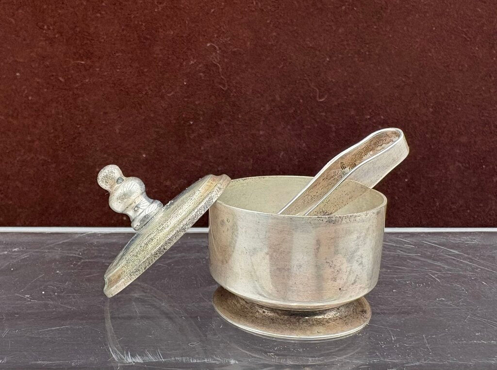 Early 20th C. Thomas Co. Ma.Sterling Silver Lidded Pill Snuff Box w/ Tongs (3Pcs)