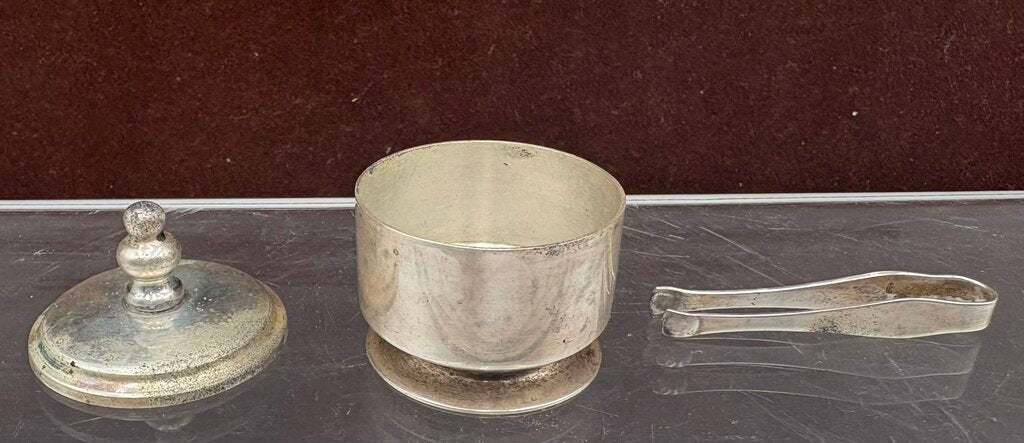 Early 20th C. Thomas Co. Ma.Sterling Silver Lidded Pill Snuff Box w/ Tongs (3Pcs)