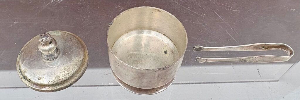 Early 20th C. Thomas Co. Ma.Sterling Silver Lidded Pill Snuff Box w/ Tongs (3Pcs)
