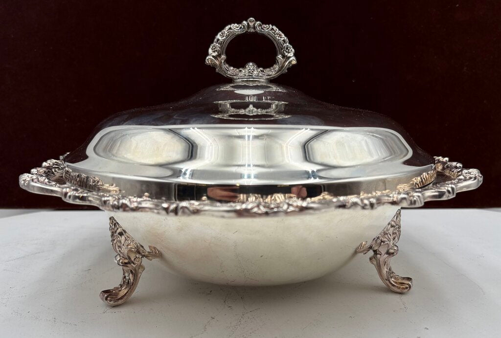 Countess International #6262 Silver Plate Footed Pyrex Lined Lidded Serving Dish (3Pcs)