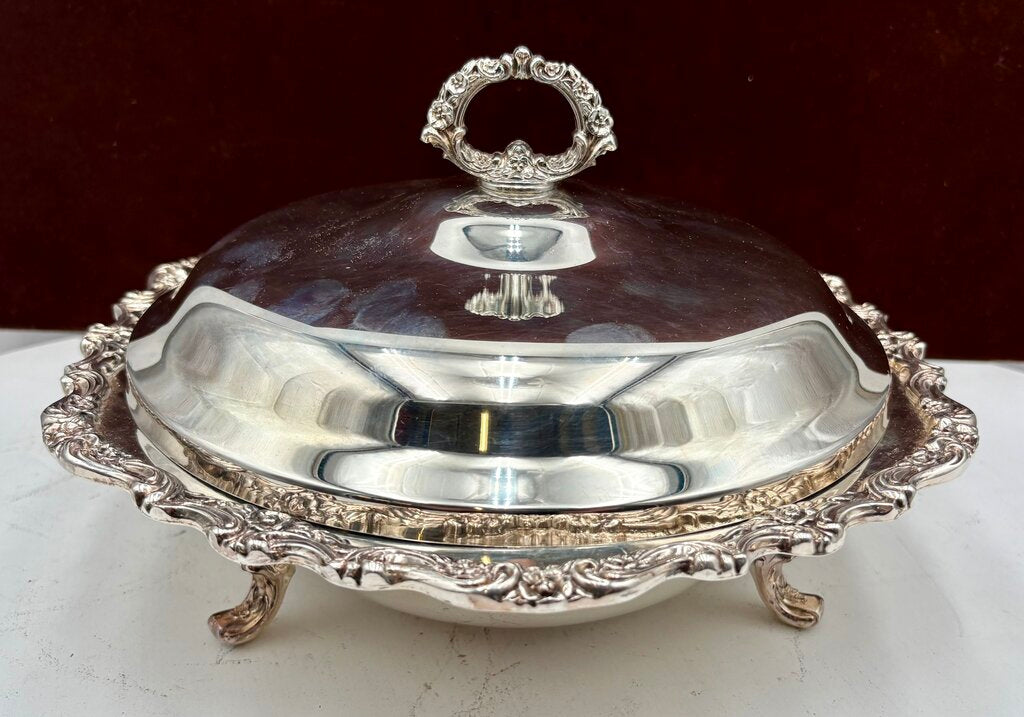 Countess International #6262 Silver Plate Footed Pyrex Lined Lidded Serving Dish (3Pcs)