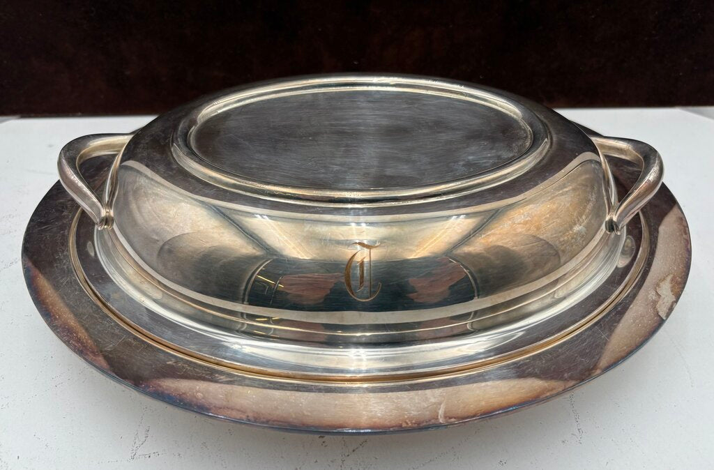 Webster Wilcox Silver Plate Monogramed Oval Lidded Serving Dish (2Pcs)