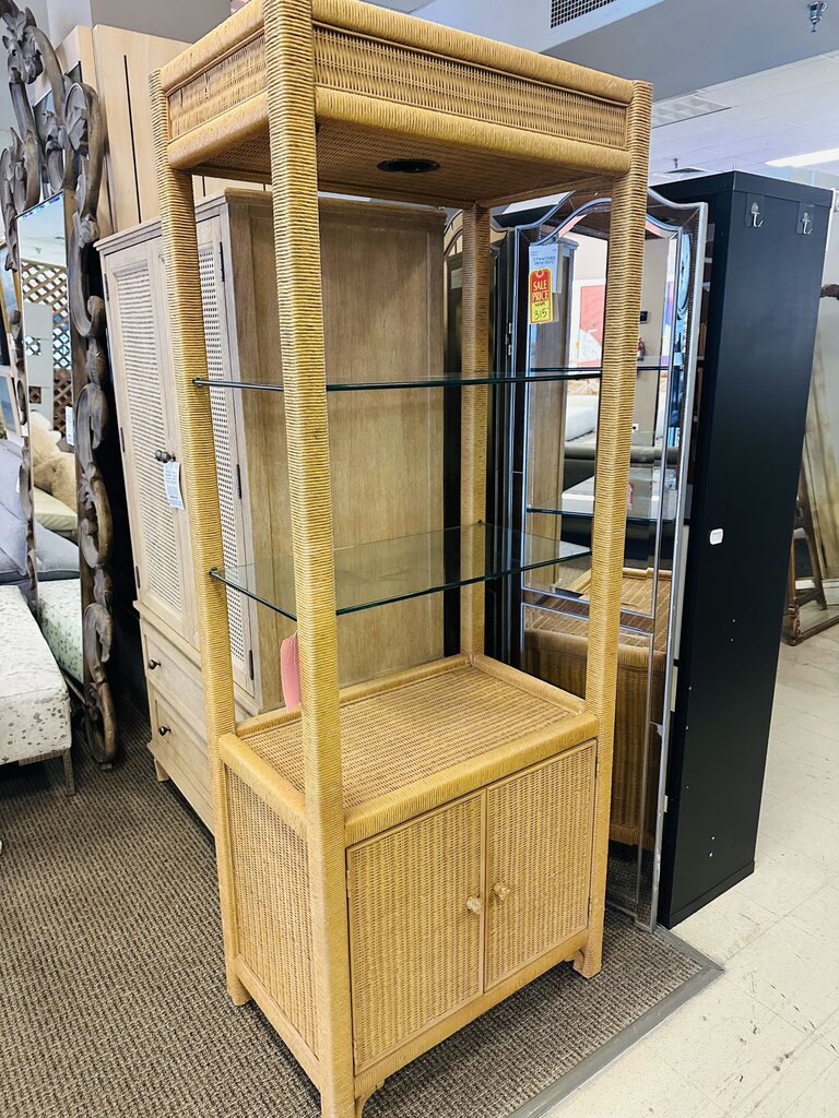 Rattan Light Up Etagere w/ Glass Shelves & Drawer 30x19x76