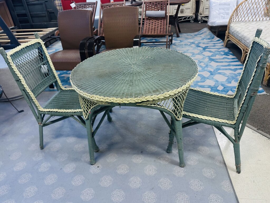Vintage Green Wicker Table & Chairs 39"