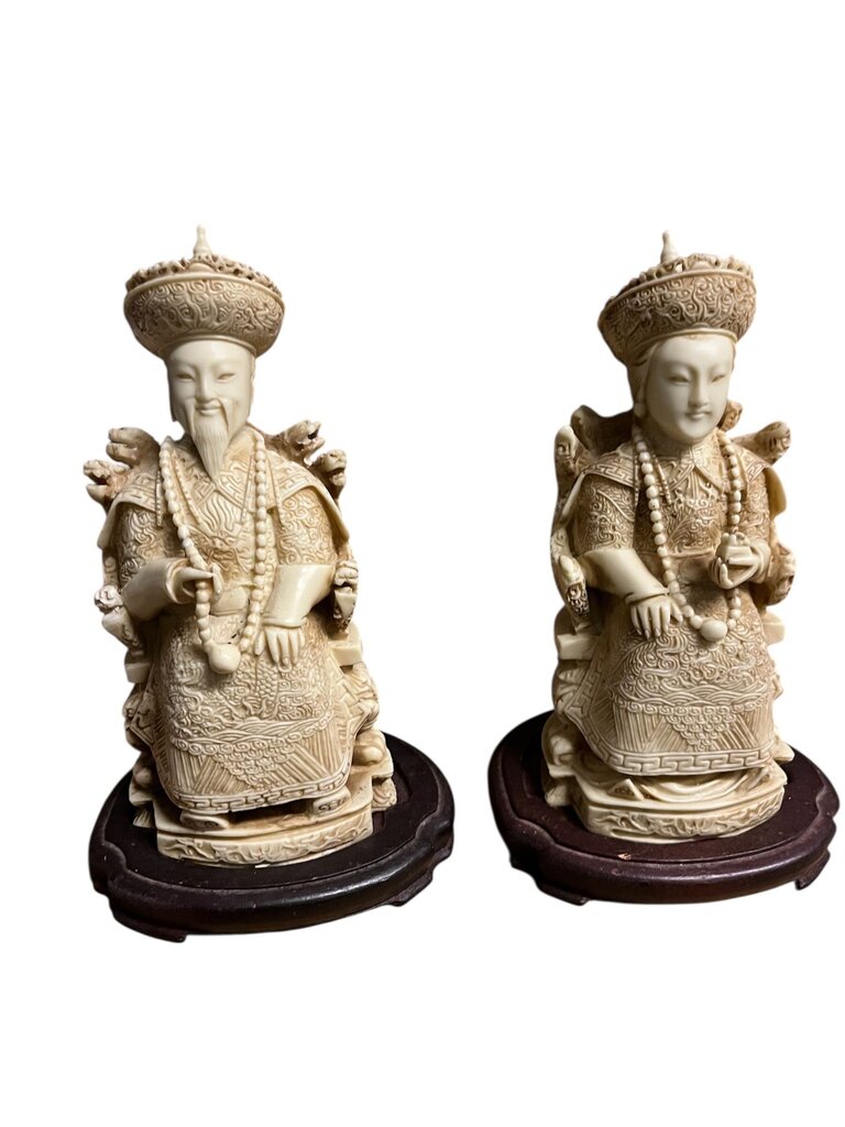 Vintage Chinese Carved Resin Emperor & Empress + Stands 9 Inch