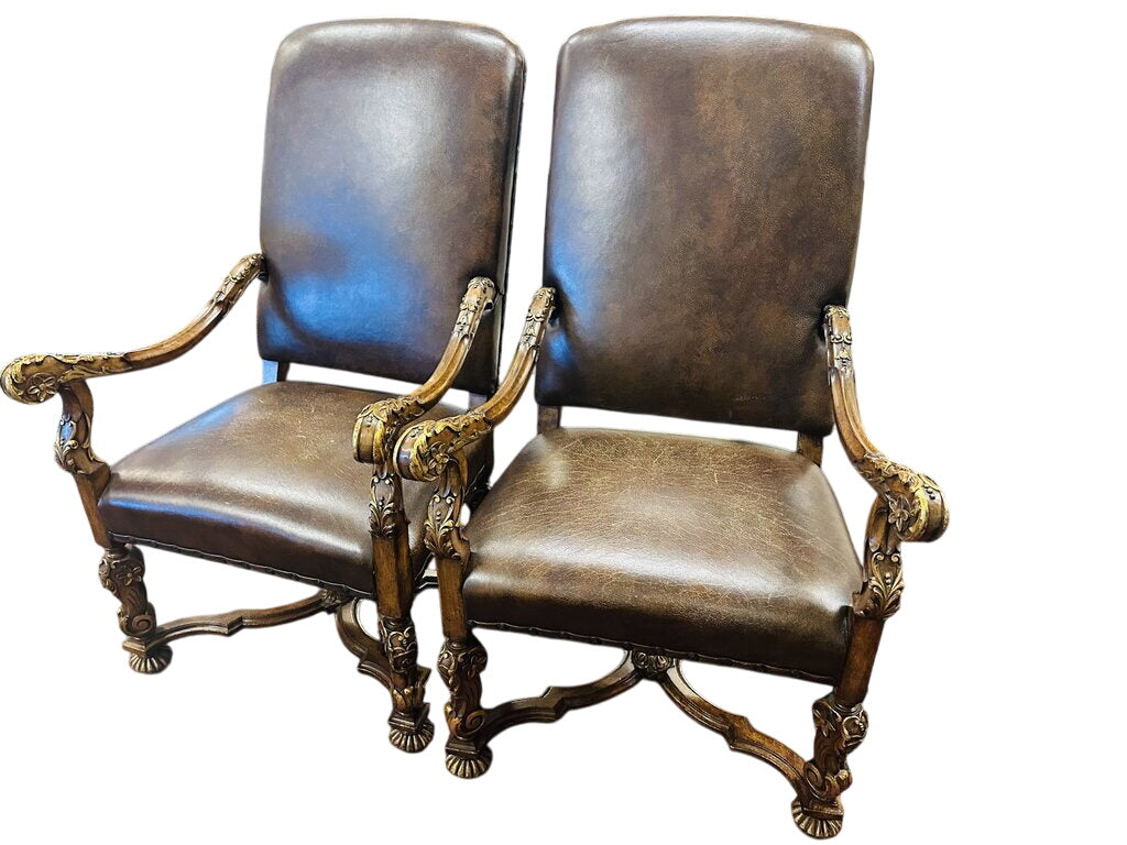 Timeless French Handcrafted Leather Carved Armchairs