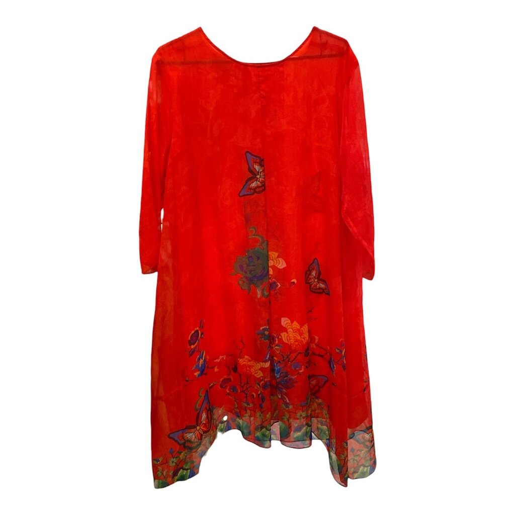 Red Silk Kaftan w/ Floral Butterfly Print