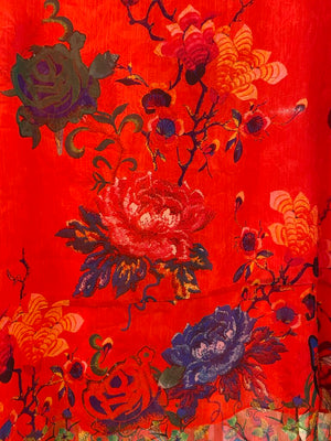 Red Silk Kaftan w/ Floral Butterfly Print