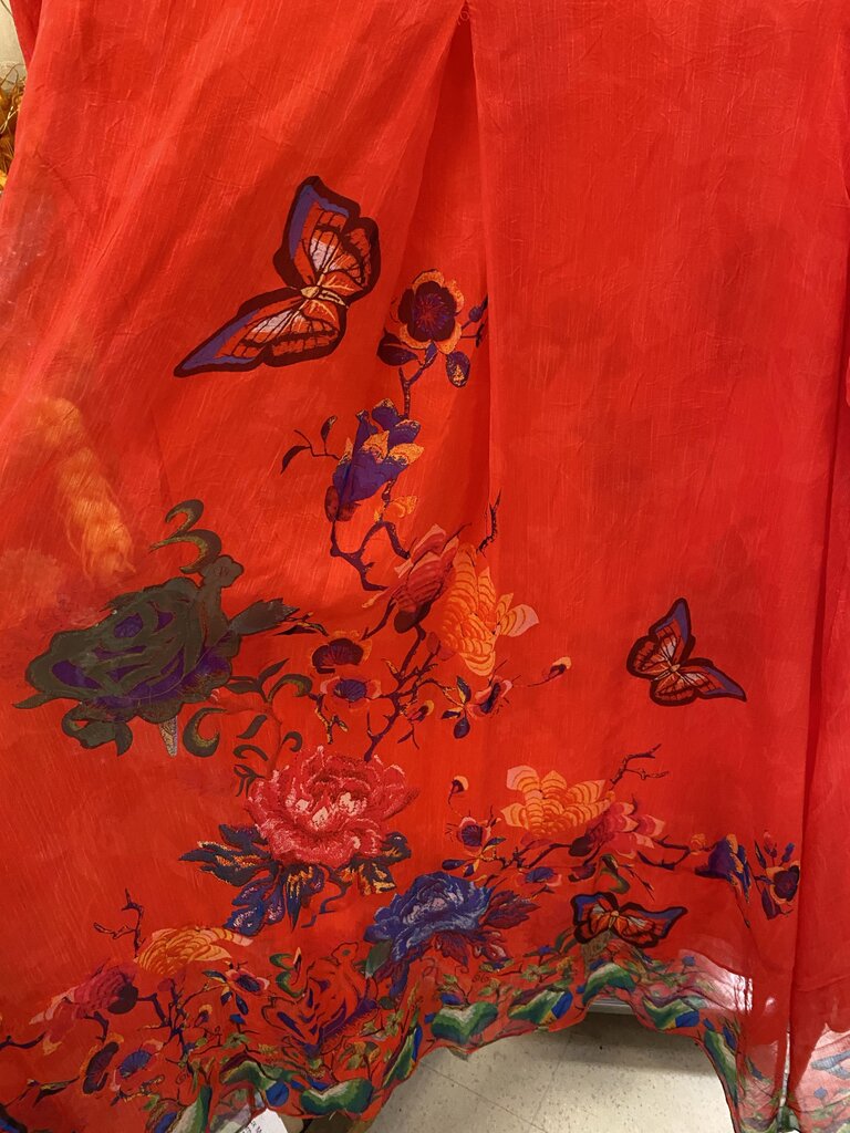 Red Silk Kaftan w/ Floral Butterfly Print
