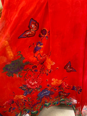 Red Silk Kaftan w/ Floral Butterfly Print