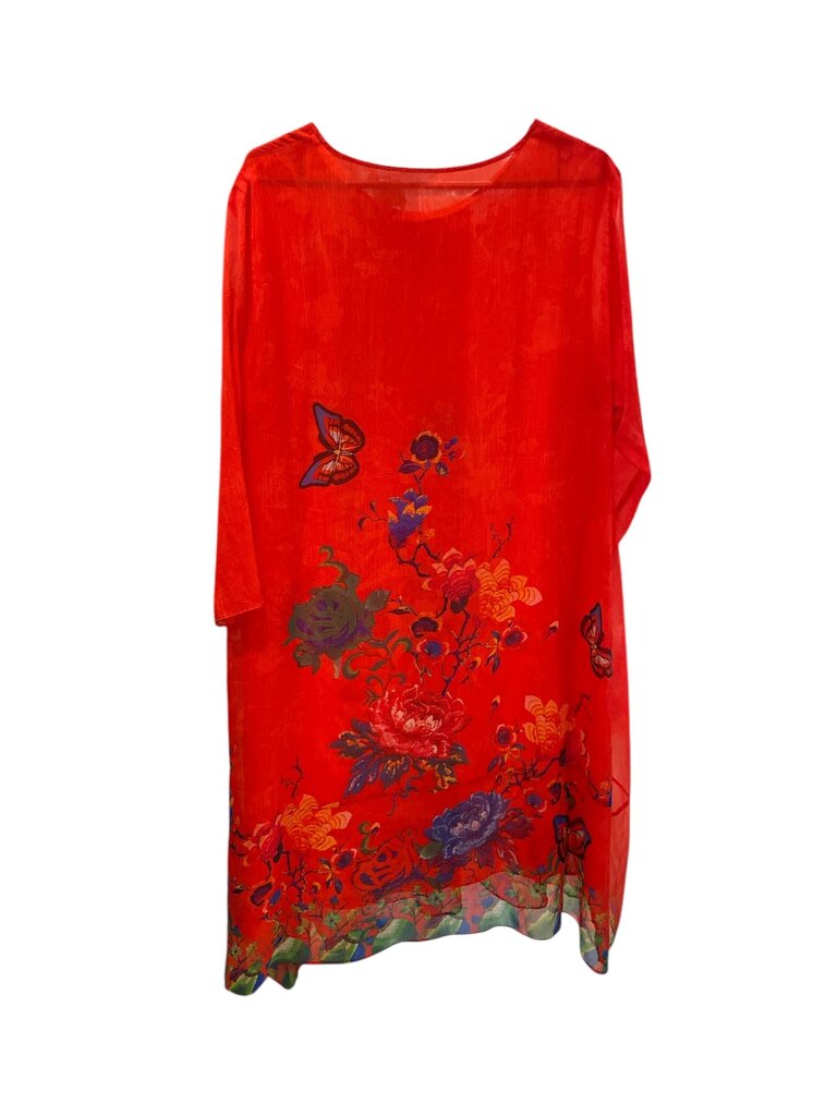 Red Silk Kaftan w/ Floral Butterfly Print