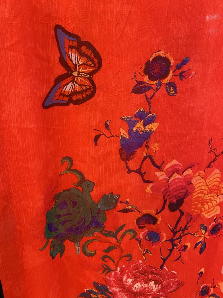 Red Silk Kaftan w/ Floral Butterfly Print