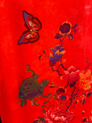 Red Silk Kaftan w/ Floral Butterfly Print