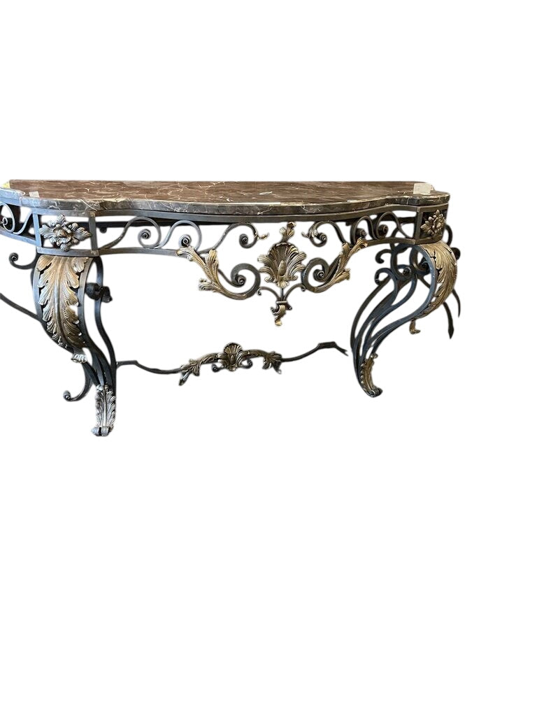 Baroque Marble Top Wrought Iron Demilune 25x73x36 $Each