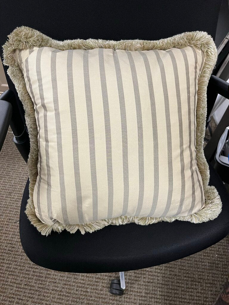 Beige & Tan Striped Taffeta Fringe Edge Pillow 16x16