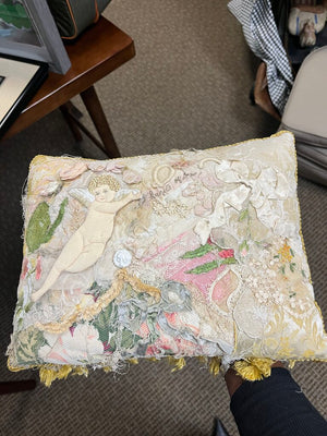 Antique Ribbon Lace & Angel Custom Pillow Signed S. Alberti