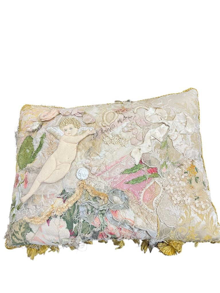 Antique Ribbon Lace & Angel Custom Pillow Signed S. Alberti
