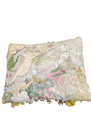 Antique Ribbon Lace & Angel Custom Pillow Signed S. Alberti