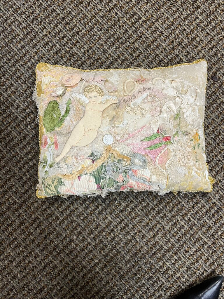 Antique Ribbon Lace & Angel Custom Pillow Signed S. Alberti