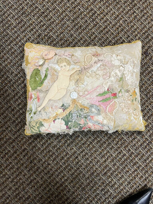 Antique Ribbon Lace & Angel Custom Pillow Signed S. Alberti
