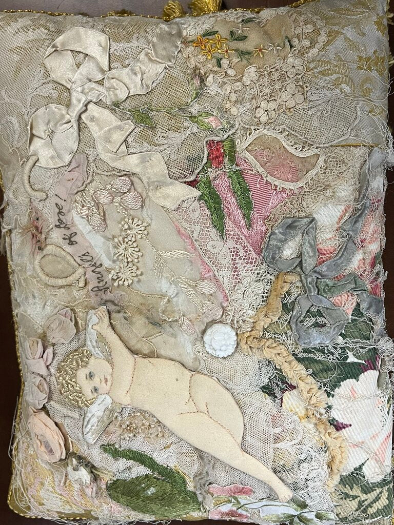 Antique Ribbon Lace & Angel Custom Pillow Signed S. Alberti