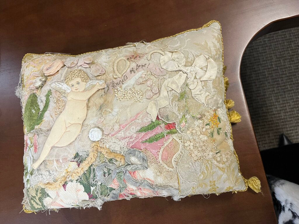 Antique Ribbon Lace & Angel Custom Pillow Signed S. Alberti